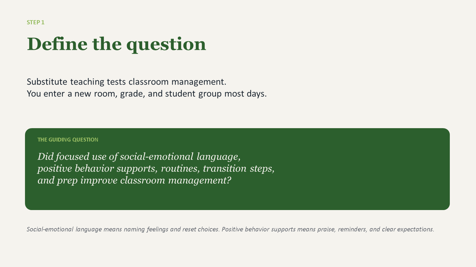 PowerPoint slide defining the guiding classroom-management question and explaining social-emotional language and positive behavior supports.
